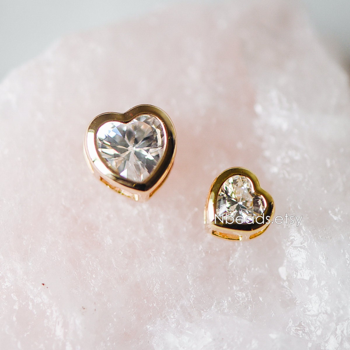 10pcs CZ Pave Heart Beads 7/ 9mm, Real Gold plated Brass Heart Connectors (GB-163)