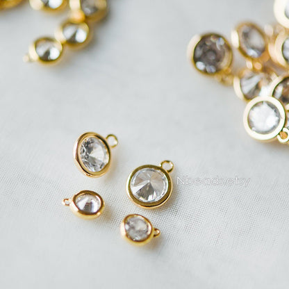 10pcs Gold Bezel Gemstone Charms 4.5/ 5.5/ 6/ 7.5mm, Real Gold plated Brass, Clear CZ Round Charms (GB-167)
