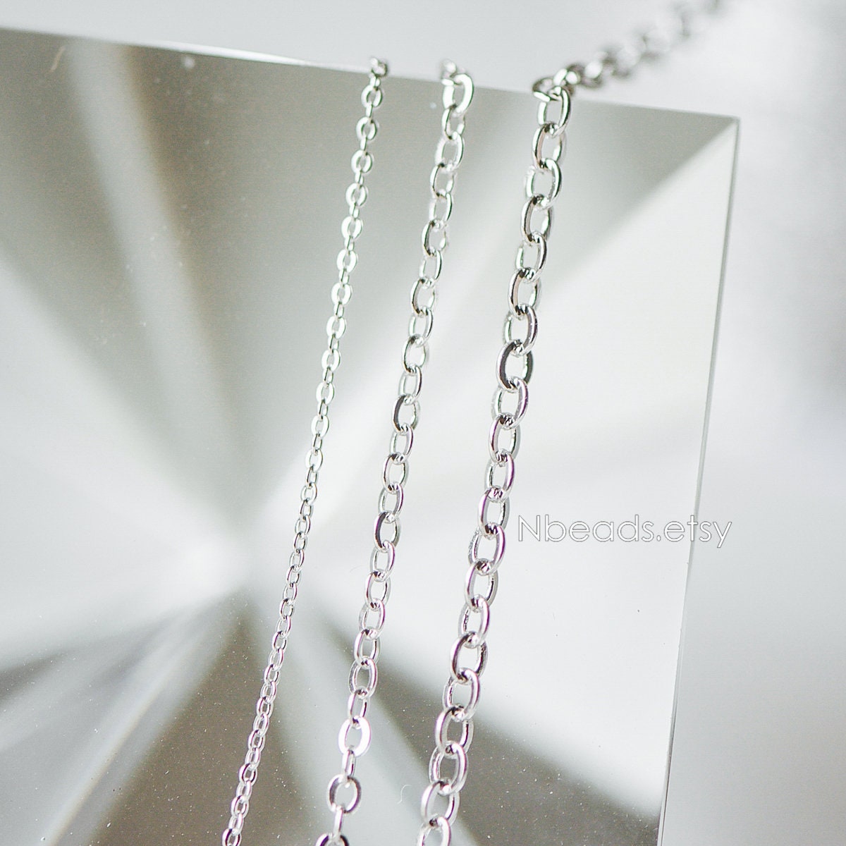 Dainty Silver Flat Oval Cable Chains, Rhodium plated Brass Tiny Chains, 1.2/ 1.4/ 1.6/ 1.8/ 2/ 2.5mm Thin Chains (#LK-001)/ 1 Meter=3.3 ft