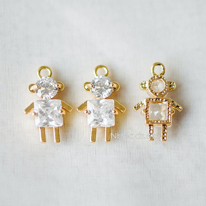 10pcs Gold Boy and Girl Charms 18mm, Gold plated Brass Cubic Zirconia Pendants (GB-172)