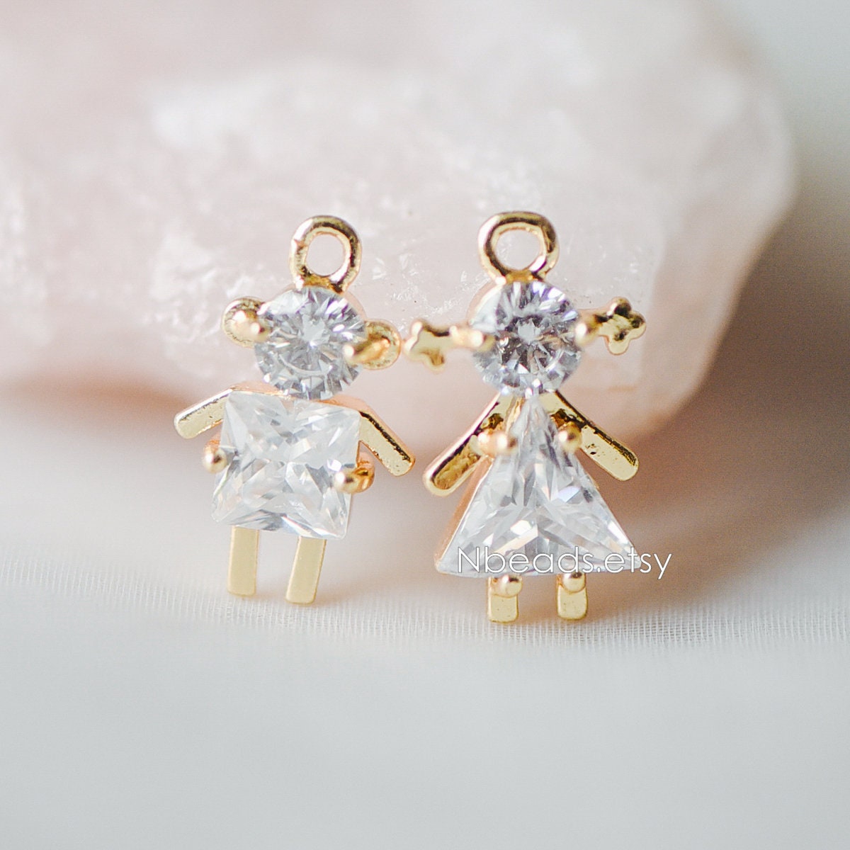 10pcs Gold Boy and Girl Charms 18mm, Gold plated Brass Cubic Zirconia Pendants (GB-172)