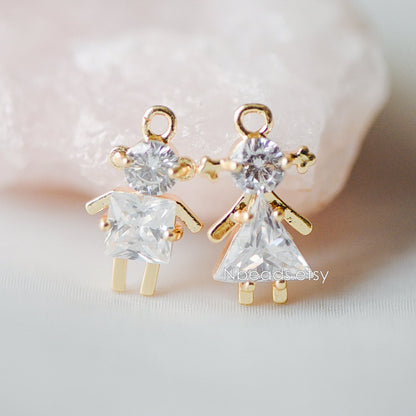 10pcs Gold Boy and Girl Charms 18mm, Gold plated Brass Cubic Zirconia Pendants (GB-172)