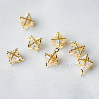10pcs Gold Geometric Charms 16x13mm, 3D Polygon Cubic Zirconia Pendants, Real Gold plated Brass, Lead Nickel Free (GB-173)