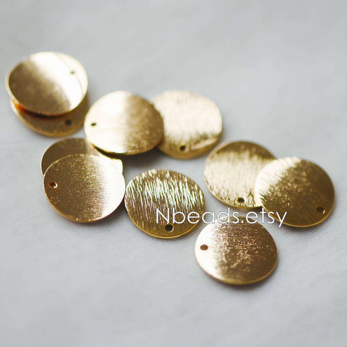 10pcs Brushed Gold Disc Charms: 18K Real Gold Plated Brass, 12/ 15/ 18mm (GB-3817)