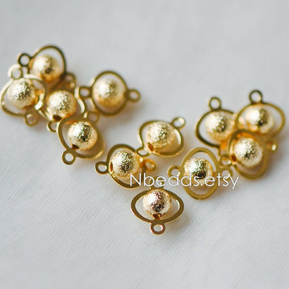 10pcs Gold plated Brass Connectors with Matte Round Beads, Lead Nickel Free (GB-151)