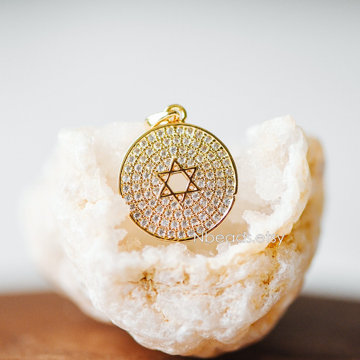 2pcs CZ Micro Pave Gold Round Charms 16x22mm, Hexagram Pattern Coin Necklace Pendants (GB-188)