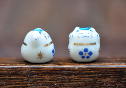 10 beads- Porcelain Lucky Cat beads 13mm, Ceramic Maneki Neko, Drilled with hole, White Blue Kawaii Cat-(TC-150)