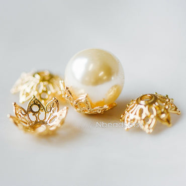 10pcs Gold Floral Bead Caps: 18K Gold Plated Brass, 15mm (GB-193)