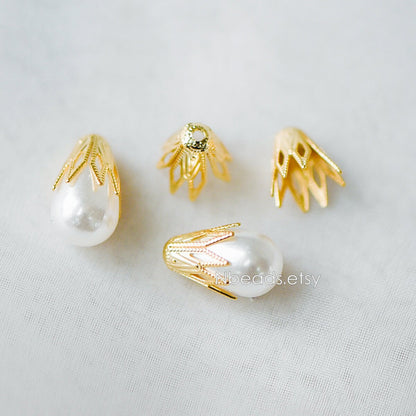 10pcs Gold Filigree Bead Caps 10x9mm, Fit 8-9mm Teardrop Beads, Gold plated Brass Floral Tassel Caps (GB-195)