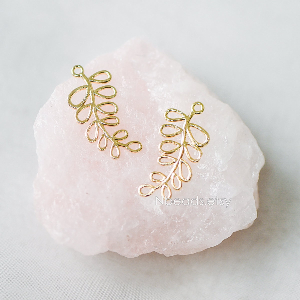 10pcs Gold Leaf Charms 24mm, Real Gold plated Brass Branch Pendants (GB-120-B)