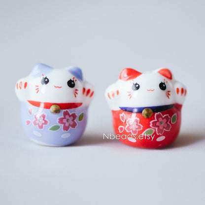 10 beads- Porcelain Lucky Cat beads 19mm, Ceramic Maneki Neko, Drilled Through Kawaii Cats, Blue Red (TC-153)