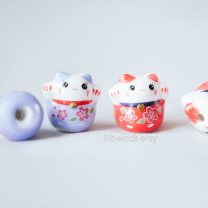 10 beads- Porcelain Lucky Cat beads 19mm, Ceramic Maneki Neko, Drilled Through Kawaii Cats, Blue Red (TC-153)