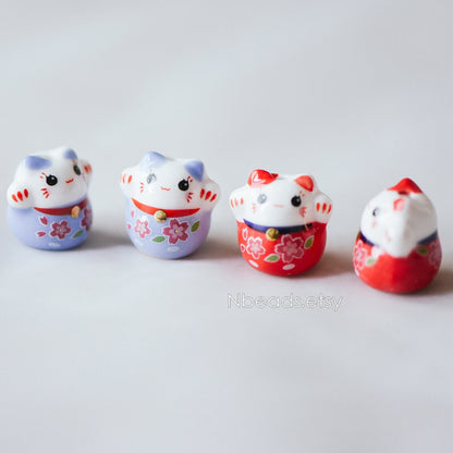 10 beads- Porcelain Lucky Cat beads 19mm, Ceramic Maneki Neko, Drilled Through Kawaii Cats, Blue Red (TC-153)