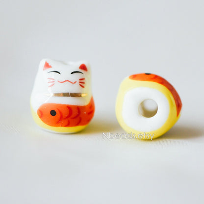 10 beads- Porcelain Lucky Cat beads 15mm, Handmade Ceramic Maneki Neko, Drilled Through Kawaii Cats with Fish (TC-155)