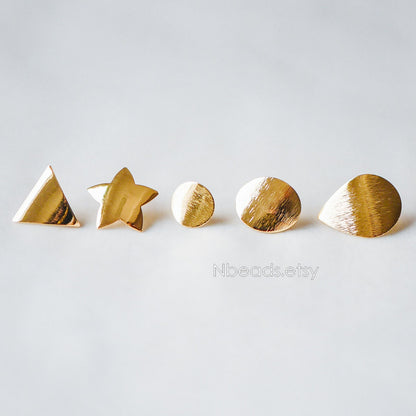 10pcs Brushed Gold Ear Posts with Loops, Real Gold Plated Brass, Triangle Star Round Oval Teardrop Geometric Earring Studs (GB-263)