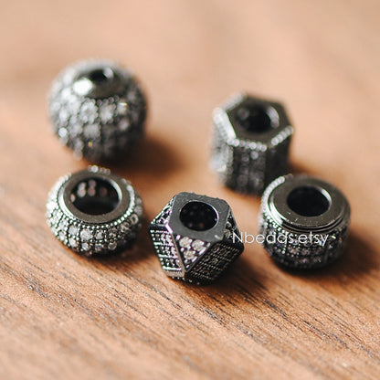 4pcs Black Micro Pave Spacer Beads, Gun Metal plated Brass Beads with CZ Pave, Large Hole Gunmetal Spacers (GB-156)