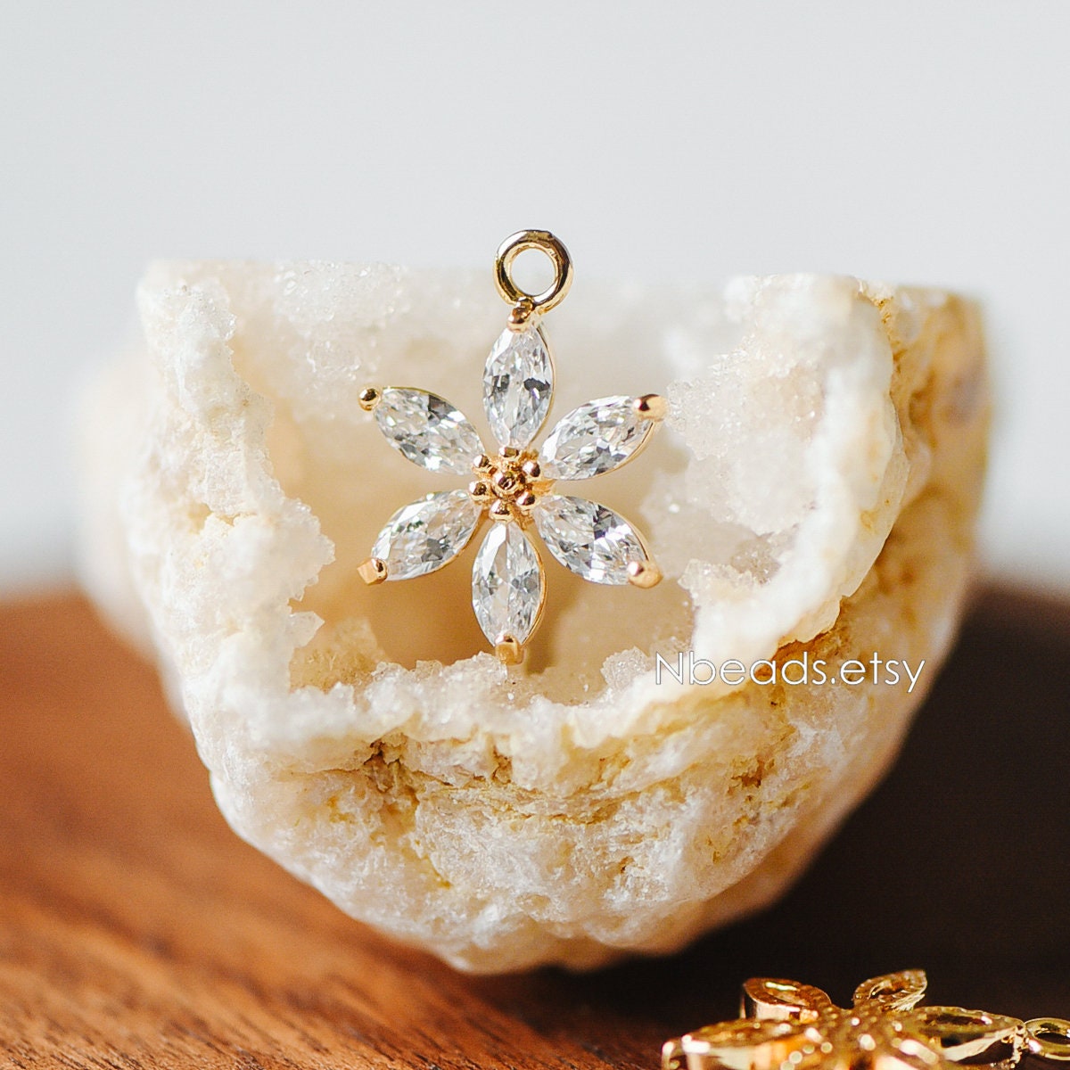 4pcs Gold Zircon Flower Charm Pendants 19x15mm, Real Gold plated Brass, Lead Nickel Free (GB-584-C)
