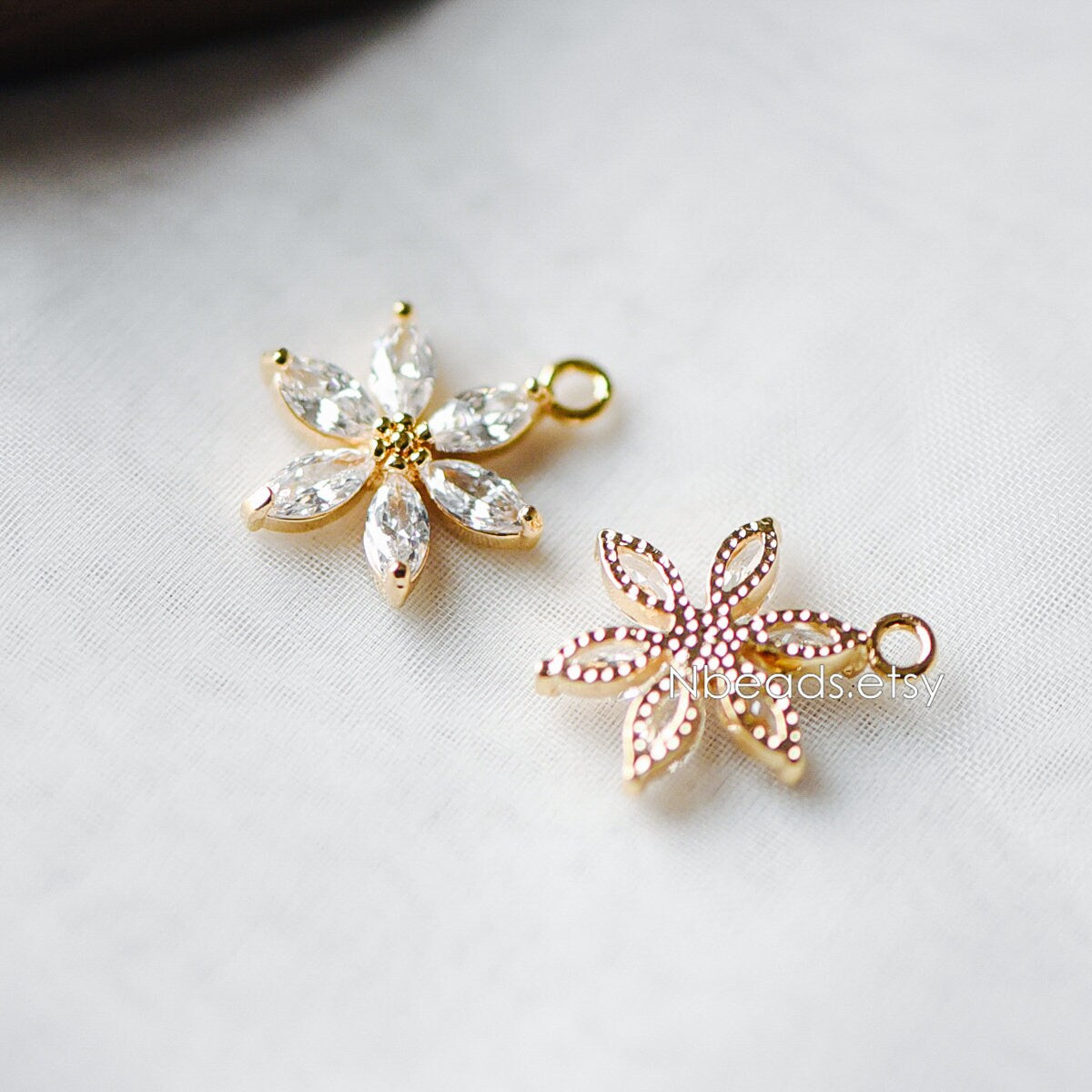 4pcs Gold Zircon Flower Charm Pendants 19x15mm, Real Gold plated Brass, Lead Nickel Free (GB-584-C)
