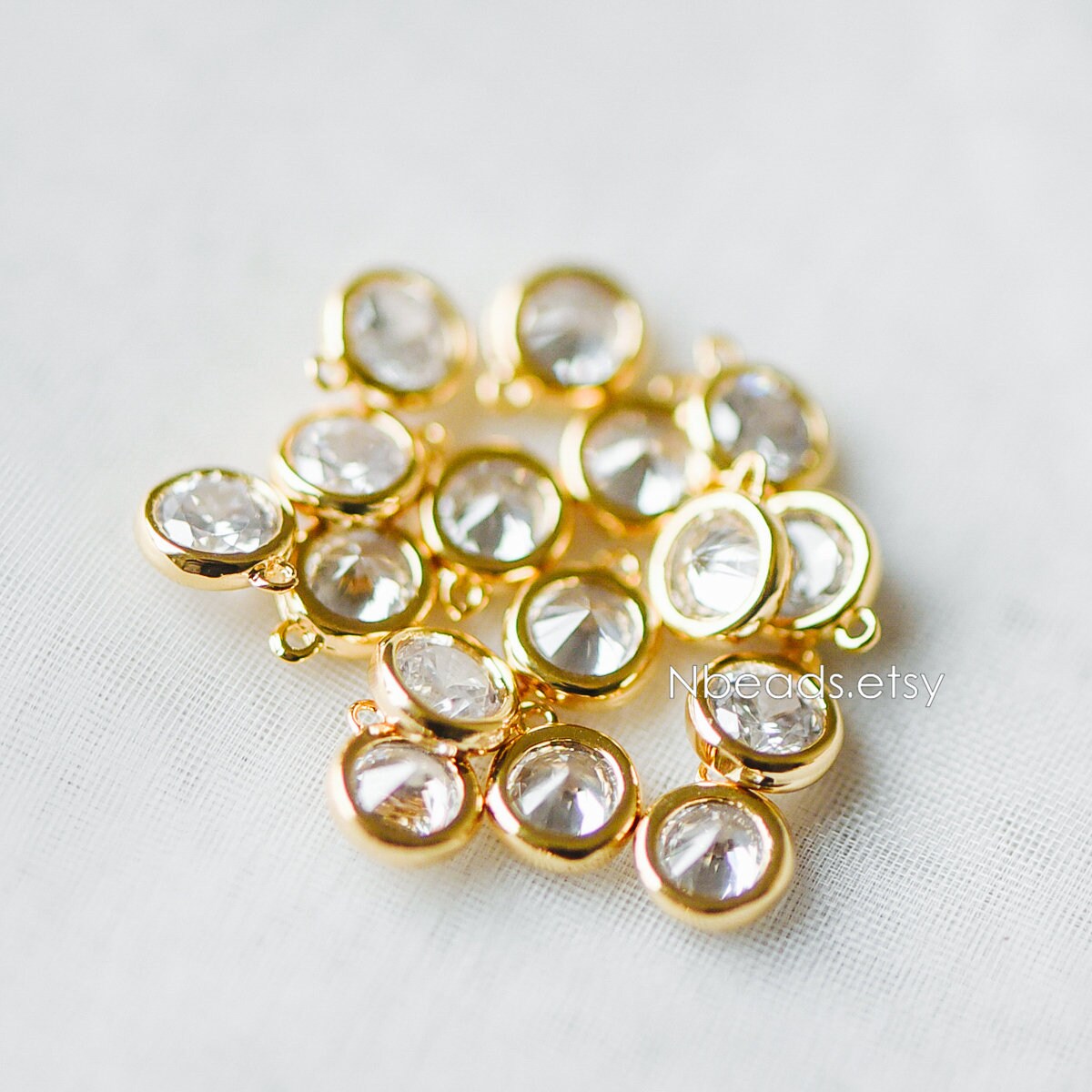 10pcs Gold Bezel Gemstone Charms 4.5/ 5.5/ 6/ 7.5mm, Real Gold plated Brass, Clear CZ Round Charms (GB-167)