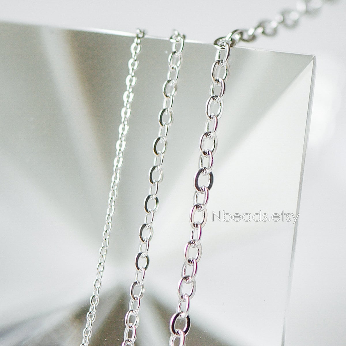 Dainty Silver Flat Oval Cable Chains, Rhodium plated Brass Tiny Chains, 1.2/ 1.4/ 1.6/ 1.8/ 2/ 2.5mm Thin Chains (#LK-001)/ 1 Meter=3.3 ft