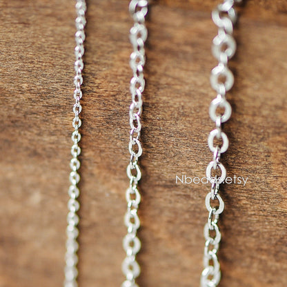 Dainty Silver Flat Oval Cable Chains, Rhodium plated Brass Tiny Chains, 1.2/ 1.4/ 1.6/ 1.8/ 2/ 2.5mm Thin Chains (#LK-001)/ 1 Meter=3.3 ft