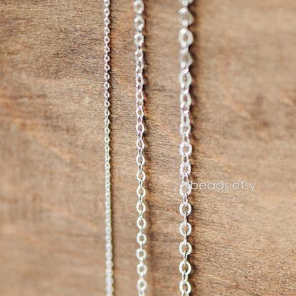 Dainty Silver Flat Oval Cable Chains, Rhodium plated Brass Tiny Chains, 1.2/ 1.4/ 1.6/ 1.8/ 2/ 2.5mm Thin Chains (#LK-001)/ 1 Meter=3.3 ft