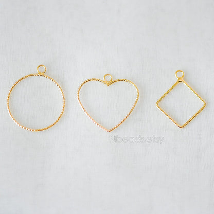 10pcs Gold plated Brass Geometric Pendants, Circle Heart Square Charms, Color Not Easily Tarnish (GB-268)