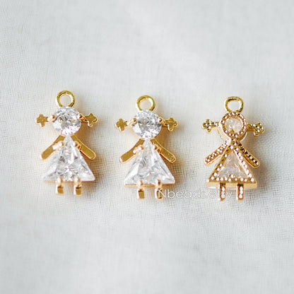 10pcs Gold Boy and Girl Charms 18mm, Gold plated Brass Cubic Zirconia Pendants (GB-172)