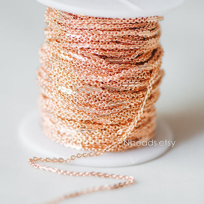 Rose Gold Oval Cable Chains, Real Gold plated Brass Designer Chain, 1.2/ 2.2mm Thin Decorative Chains (#LK-157)/ 1 meter