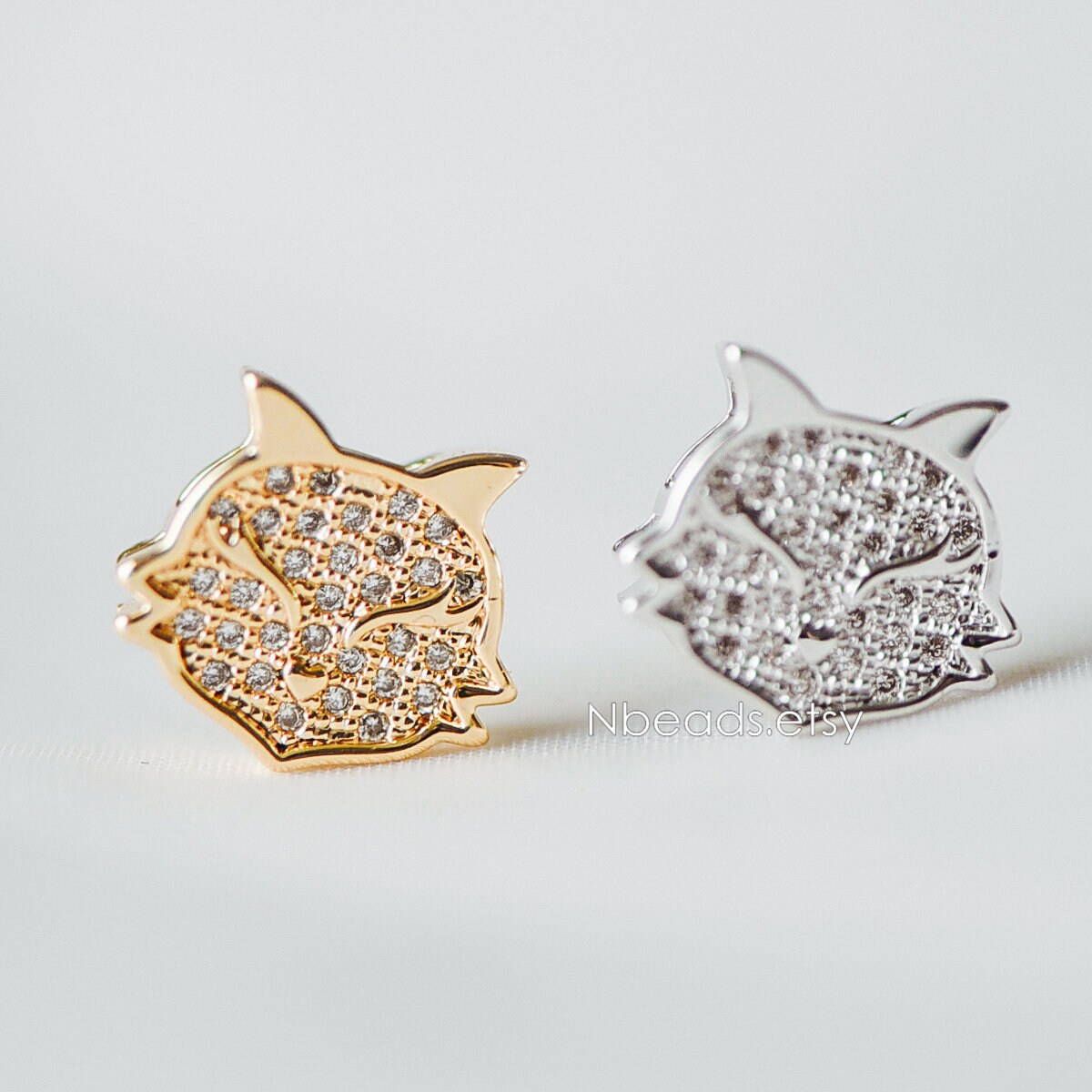 4pcs CZ Micro Pave Fox Charms 12x10mm, Real Gold/ Silver Rhodium plated Brass Fox Beads Connectors (GB-180)