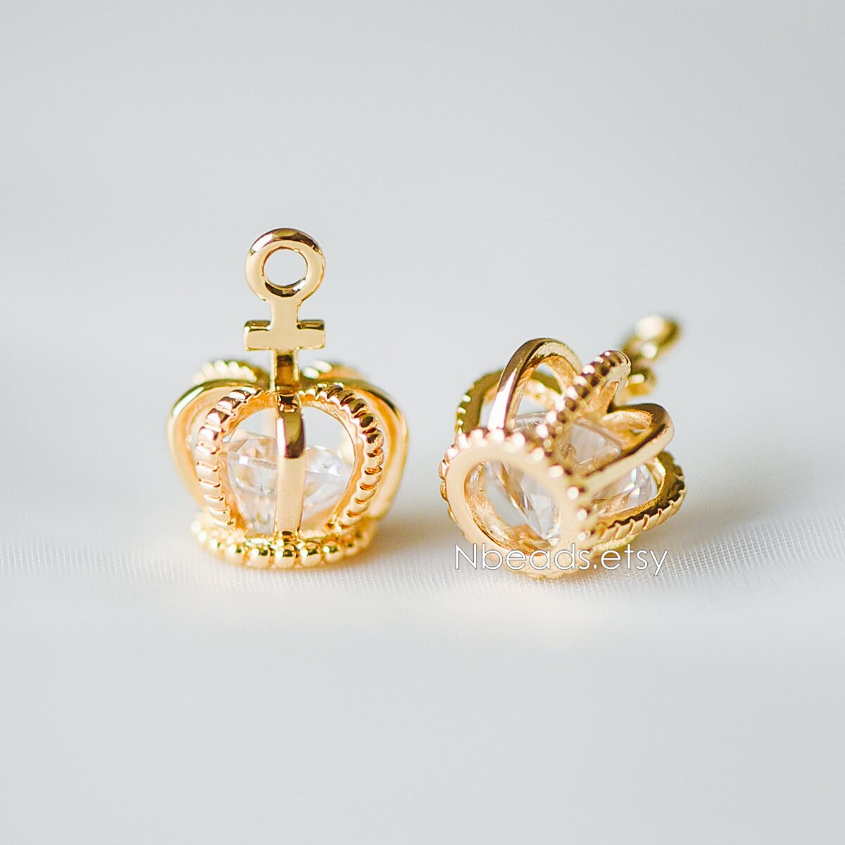 4pcs Gold Crown Charms with CZ Diamond, Real Gold plated Brass Crown Pendants 15x11mm, Lead Nickel Free (GB-187)