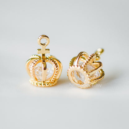 4pcs Gold Crown Charms with CZ Diamond, Real Gold plated Brass Crown Pendants 15x11mm, Lead Nickel Free (GB-187)
