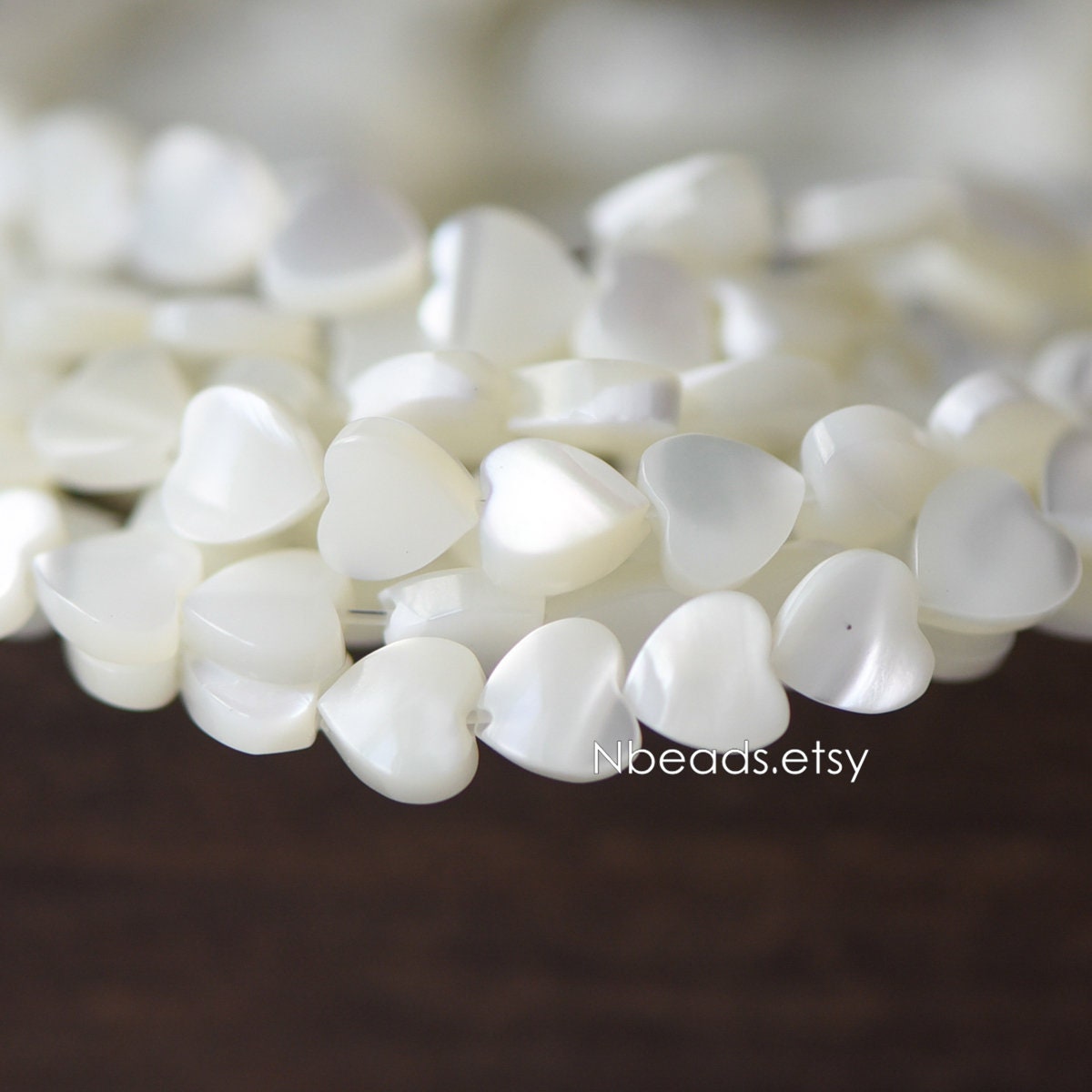 White Mother of Pearl Heart beads 6.5mm, Quality MOP Shell Heart Charms (#V1318-6) / 7.5 inch=19cm short strand
