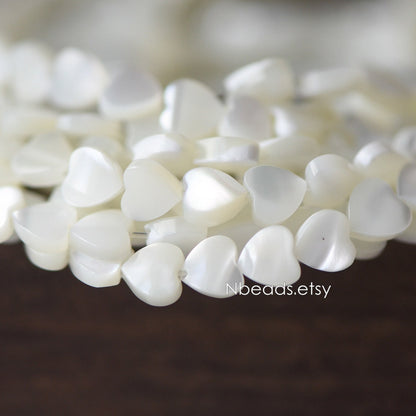 White Mother of Pearl Heart beads 6.5mm, Quality MOP Shell Heart Charms (#V1318-6) / 7.5 inch=19cm short strand