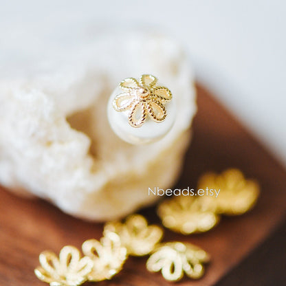 20pcs Gold/ Silver Floral Bead Caps 10mm, Fit 12mm Beads, Real Gold/ Rhodium plated Brass, Lead Nickel Free (GB-196)