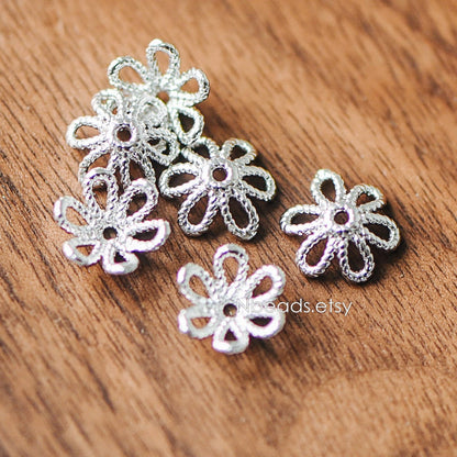 20pcs Gold/ Silver Floral Bead Caps 10mm, Fit 12mm Beads, Real Gold/ Rhodium plated Brass, Lead Nickel Free (GB-196)