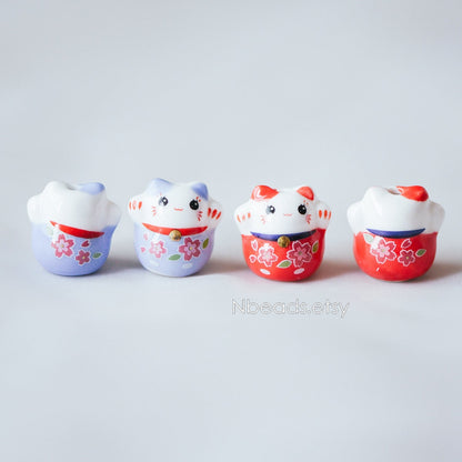 10 beads- Porcelain Lucky Cat beads 19mm, Ceramic Maneki Neko, Drilled Through Kawaii Cats, Blue Red (TC-153)