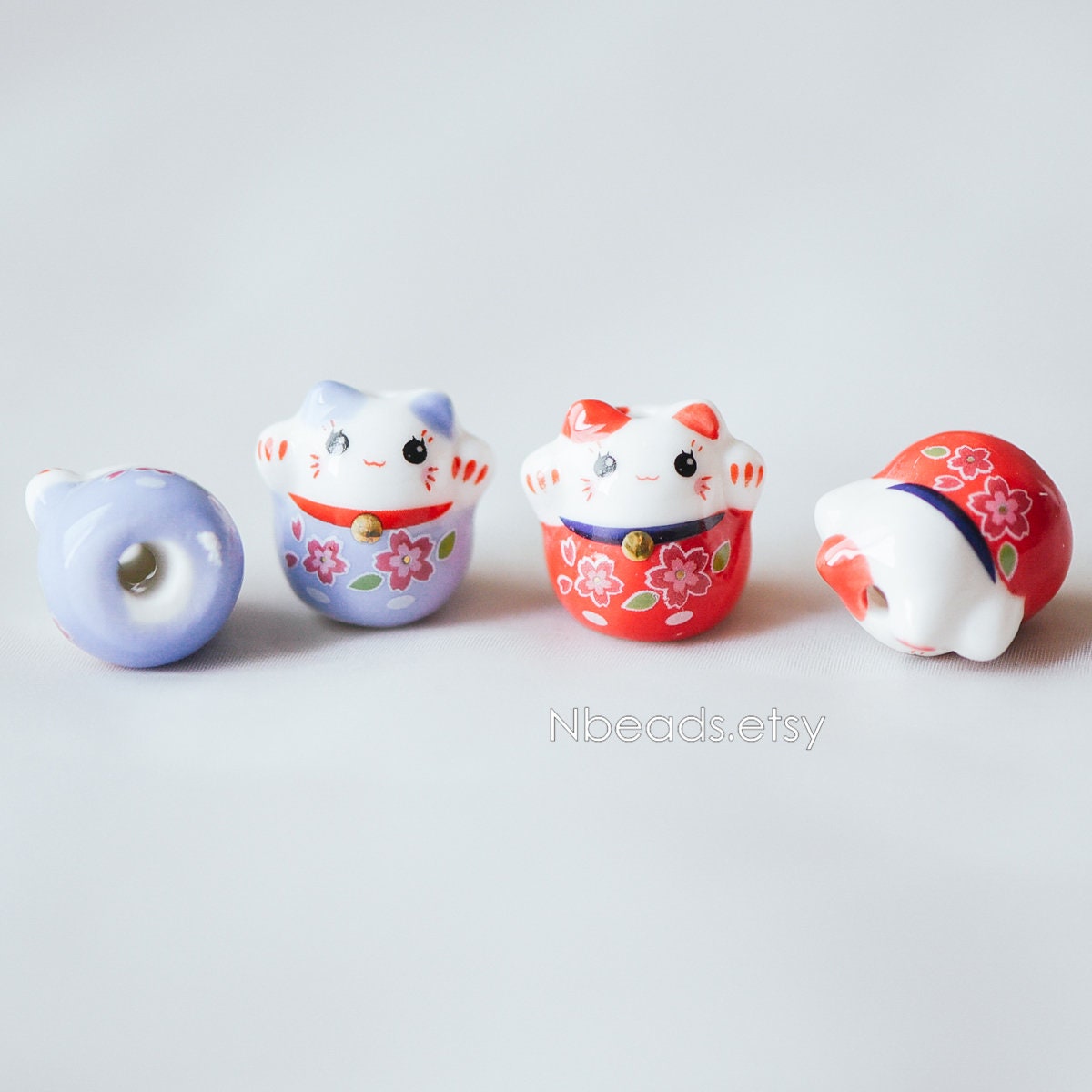 10 beads- Porcelain Lucky Cat beads 19mm, Ceramic Maneki Neko, Drilled Through Kawaii Cats, Blue Red (TC-153)