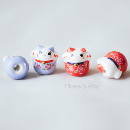 10 beads- Porcelain Lucky Cat beads 19mm, Ceramic Maneki Neko, Drilled Through Kawaii Cats, Blue Red (TC-153)