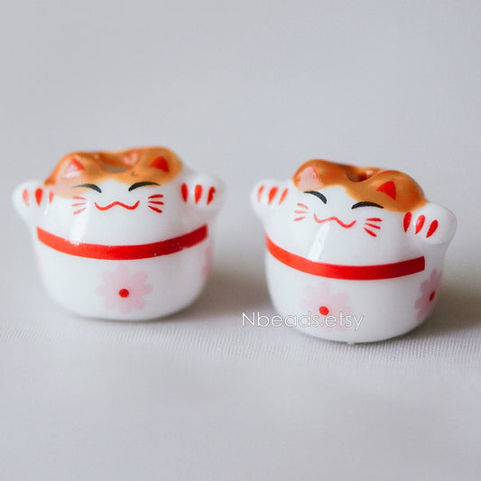 10 beads- Porcelain Lucky Cat beads 17mm, Handmade Ceramic Maneki Neko, Drilled Through Kawaii Cats (TC-154)