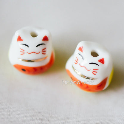 10 beads- Porcelain Lucky Cat beads 15mm, Handmade Ceramic Maneki Neko, Drilled Through Kawaii Cats with Fish (TC-155)
