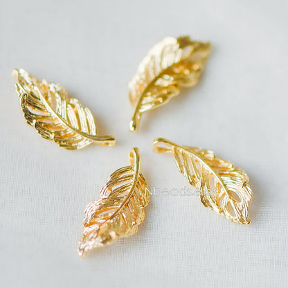 4pcs Gold plated Brass Feather Charm Pendants 22mm (GB-858-A)