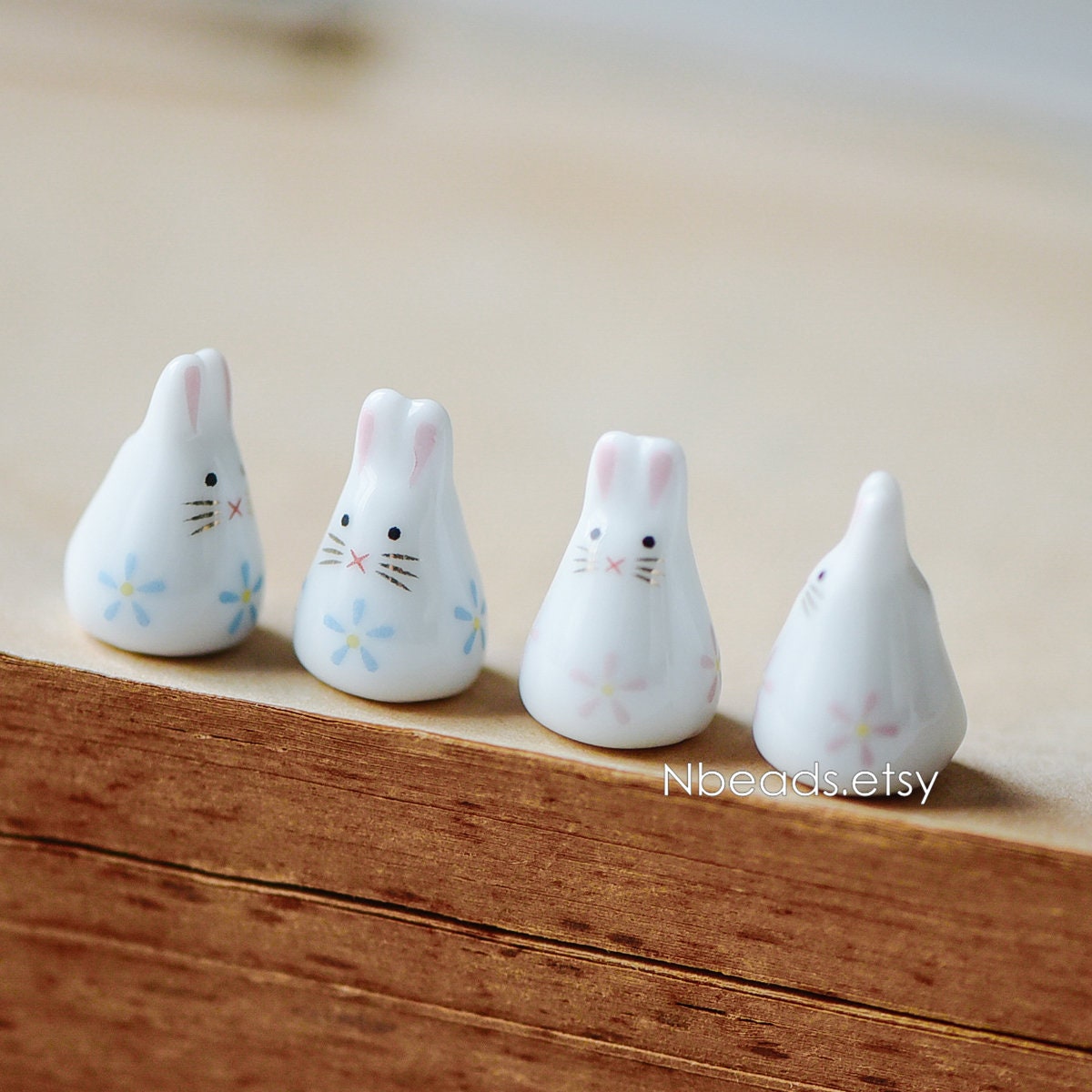 10pcs Kawaii Porcelain Bunny Beads, Floral Ceramic Rabbit beads, Pink Blue -(TC-132)
