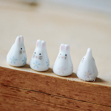 10pcs Kawaii Porcelain Bunny Beads, Floral Ceramic Rabbit beads, Pink Blue -(TC-132)