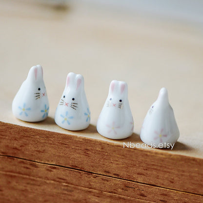 10pcs Kawaii Porcelain Bunny Beads, Floral Ceramic Rabbit beads, Pink Blue -(TC-132)
