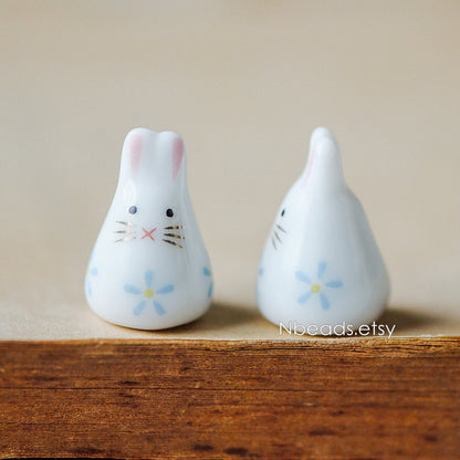 10pcs Kawaii Porcelain Bunny Beads, Floral Ceramic Rabbit beads, Pink Blue -(TC-132)