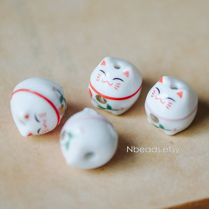10 beads- Porcelain Lucky Cat beads 15mm, Ceramic Maneki Neko, Drilled with hole, White Red/ Pink Kawaii Cat-(TC-148)