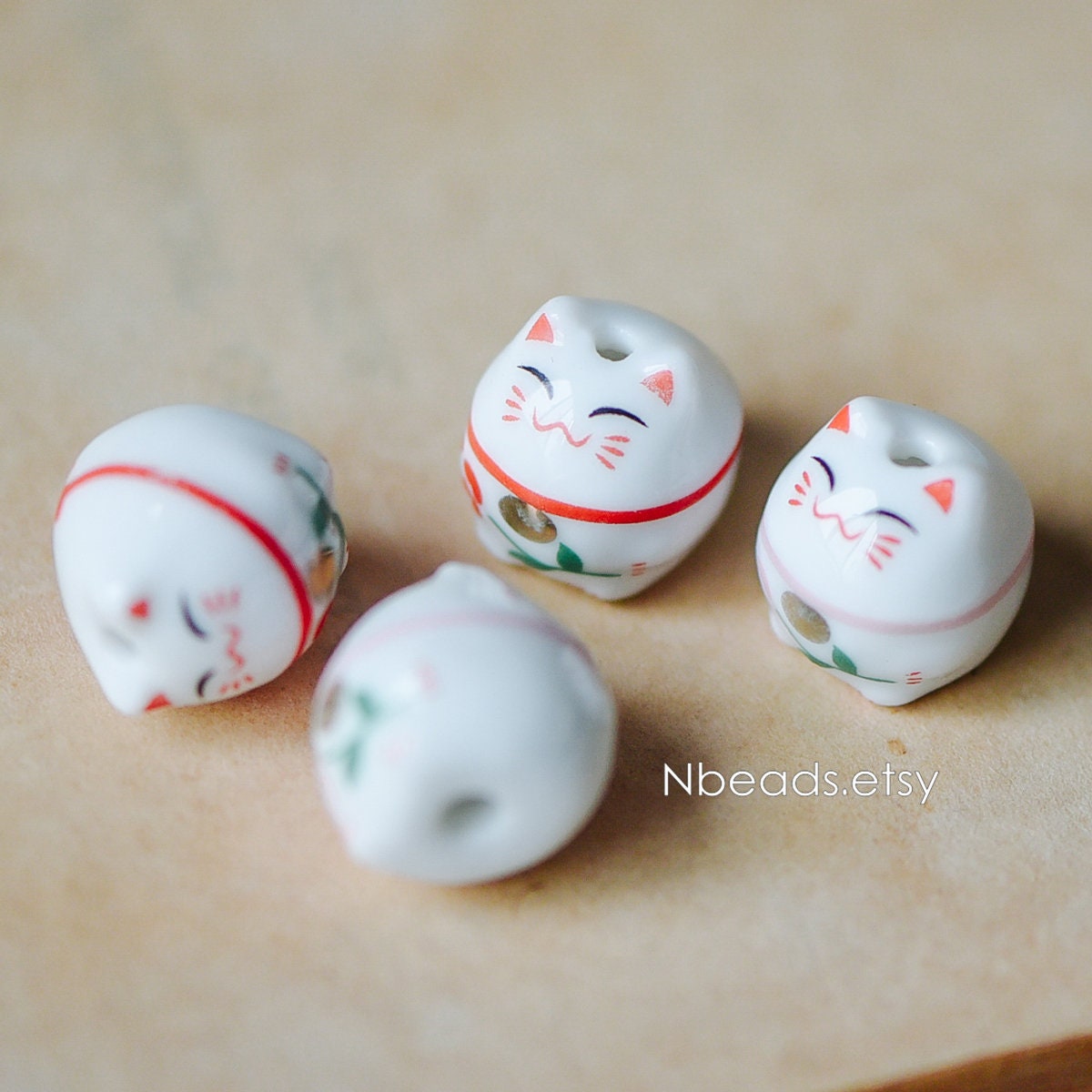10 beads- Porcelain Lucky Cat beads 15mm, Ceramic Maneki Neko, Drilled with hole, White Red/ Pink Kawaii Cat-(TC-148)