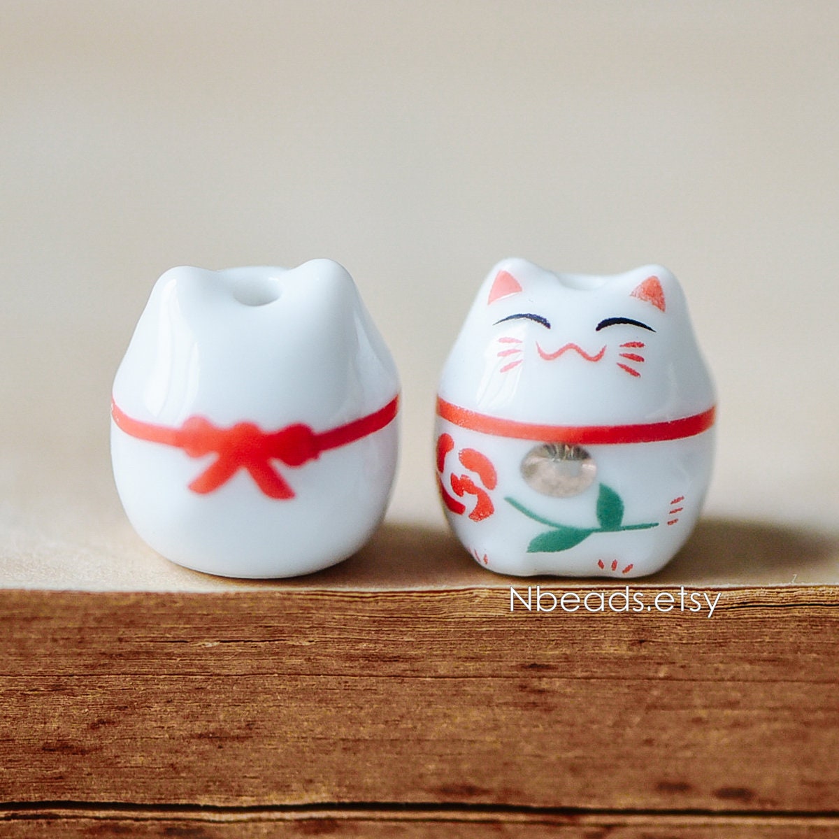 10 beads- Porcelain Lucky Cat beads 15mm, Ceramic Maneki Neko, Drilled with hole, White Red/ Pink Kawaii Cat-(TC-148)
