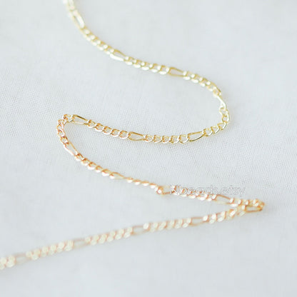 Gold plated Brass Figaro Chains 1.5mm Thin, Long and Short Chains (#LK-152)/ 1 Meter=3.3 ft